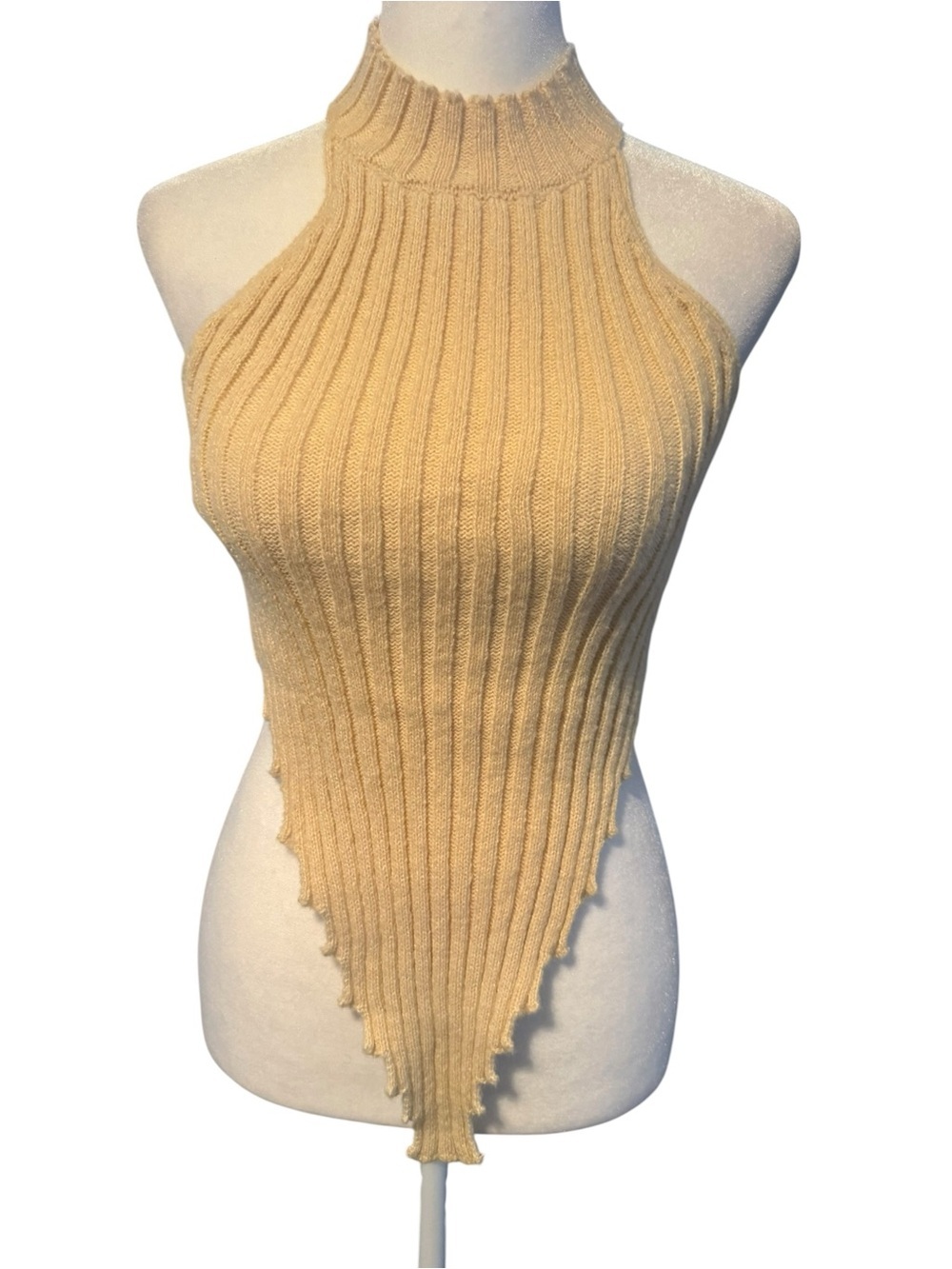 Womens  Daisy stretch ribbed knit sleeveless Halter Top in Beige Small NWT